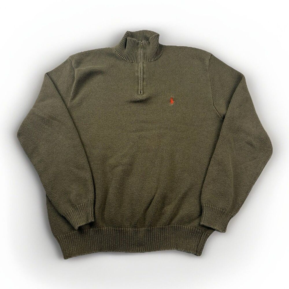 Polo‎ Ralph Lauren 1/4 Zip Cotton Sweater XL Olive Green Red Pony Logo